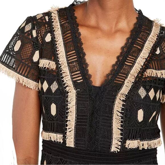 Nanette Lepore Black Tan EFFORTLESS Geo-Lace Fringed Geometric Sheath Dress - Picture 4 of 16